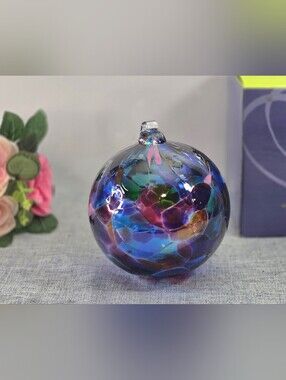 Kitras Art Glass Calico Ball Ornament 5" Hand Blown Friendship Orb Blue Magenta
